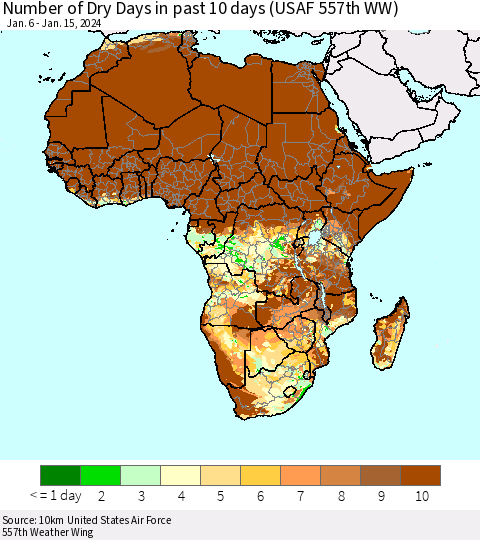 Africa Number of Dry Days in past 10 days (USAF 557th WW) Thematic Map For 1/11/2024 - 1/15/2024