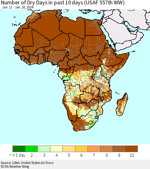 Africa Number of Dry Days in past 10 days (USAF 557th WW) Thematic Map For 1/16/2024 - 1/20/2024