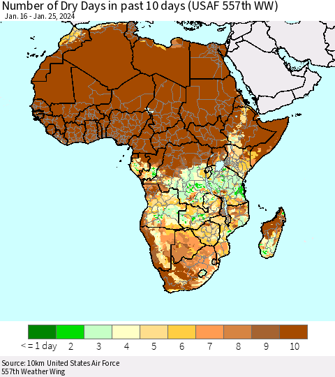 Africa Number of Dry Days in past 10 days (USAF 557th WW) Thematic Map For 1/21/2024 - 1/25/2024