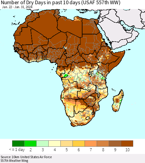 Africa Number of Dry Days in past 10 days (USAF 557th WW) Thematic Map For 1/26/2024 - 1/31/2024
