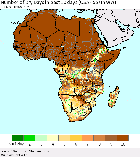 Africa Number of Dry Days in past 10 days (USAF 557th WW) Thematic Map For 2/1/2024 - 2/5/2024