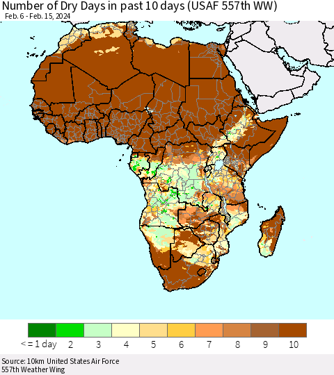 Africa Number of Dry Days in past 10 days (USAF 557th WW) Thematic Map For 2/11/2024 - 2/15/2024