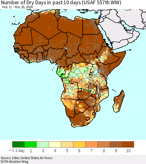 Africa Number of Dry Days in past 10 days (USAF 557th WW) Thematic Map For 2/16/2024 - 2/20/2024