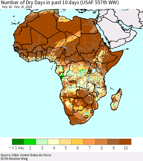 Africa Number of Dry Days in past 10 days (USAF 557th WW) Thematic Map For 2/21/2024 - 2/25/2024