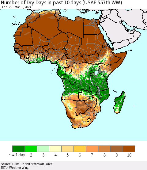 Africa Number of Dry Days in past 10 days (USAF 557th WW) Thematic Map For 3/1/2024 - 3/5/2024