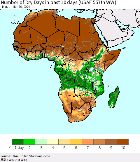 Africa Number of Dry Days in past 10 days (USAF 557th WW) Thematic Map For 3/6/2024 - 3/10/2024