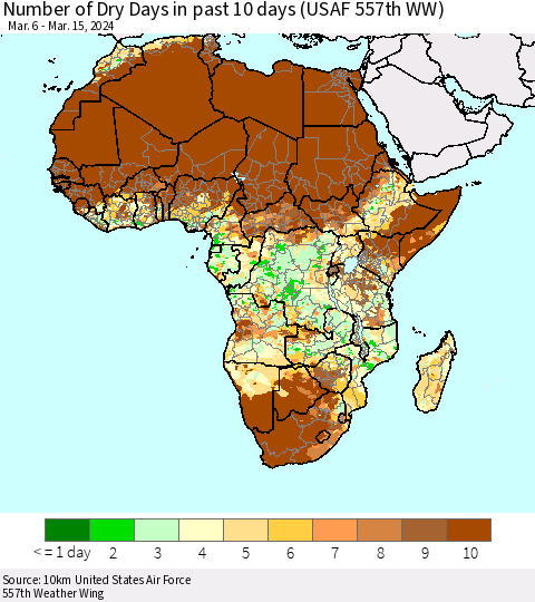 Africa Number of Dry Days in past 10 days (USAF 557th WW) Thematic Map For 3/11/2024 - 3/15/2024