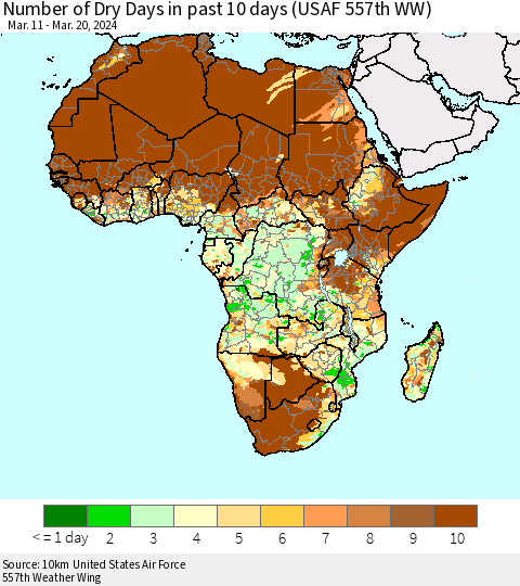 Africa Number of Dry Days in past 10 days (USAF 557th WW) Thematic Map For 3/16/2024 - 3/20/2024