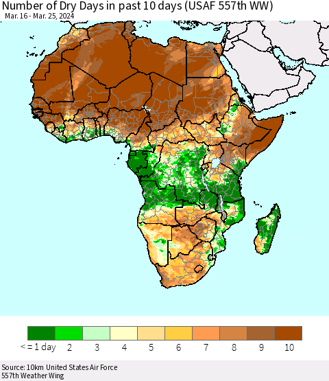 Africa Number of Dry Days in past 10 days (USAF 557th WW) Thematic Map For 3/21/2024 - 3/25/2024