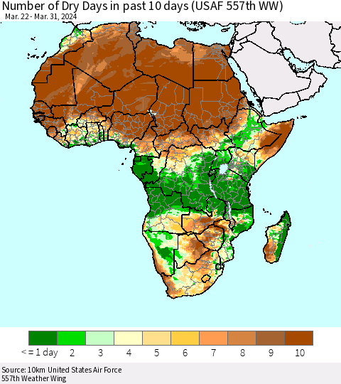Africa Number of Dry Days in past 10 days (USAF 557th WW) Thematic Map For 3/26/2024 - 3/31/2024