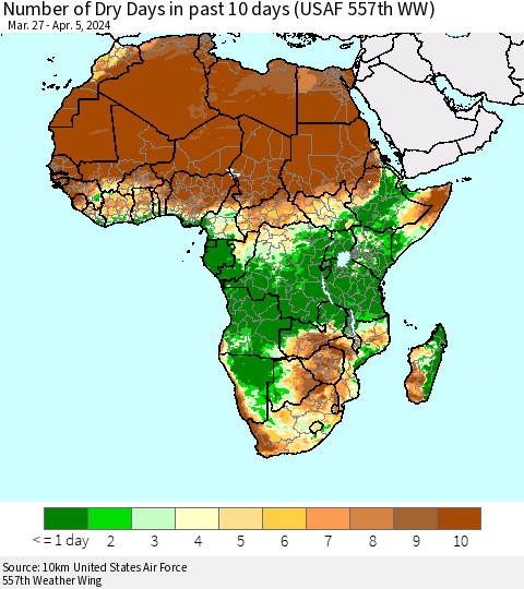 Africa Number of Dry Days in past 10 days (USAF 557th WW) Thematic Map For 4/1/2024 - 4/5/2024