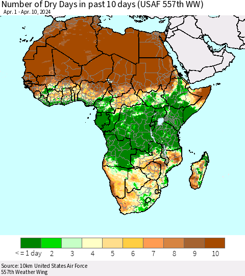 Africa Number of Dry Days in past 10 days (USAF 557th WW) Thematic Map For 4/6/2024 - 4/10/2024
