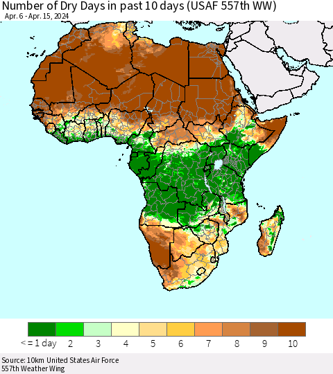 Africa Number of Dry Days in past 10 days (USAF 557th WW) Thematic Map For 4/11/2024 - 4/15/2024