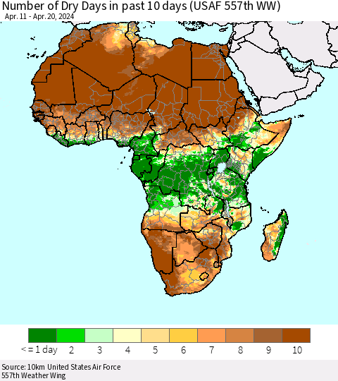 Africa Number of Dry Days in past 10 days (USAF 557th WW) Thematic Map For 4/16/2024 - 4/20/2024