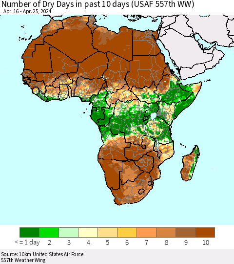Africa Number of Dry Days in past 10 days (USAF 557th WW) Thematic Map For 4/21/2024 - 4/25/2024