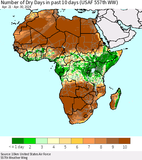 Africa Number of Dry Days in past 10 days (USAF 557th WW) Thematic Map For 4/26/2024 - 4/30/2024