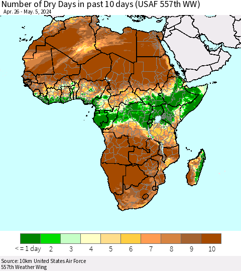 Africa Number of Dry Days in past 10 days (USAF 557th WW) Thematic Map For 5/1/2024 - 5/5/2024