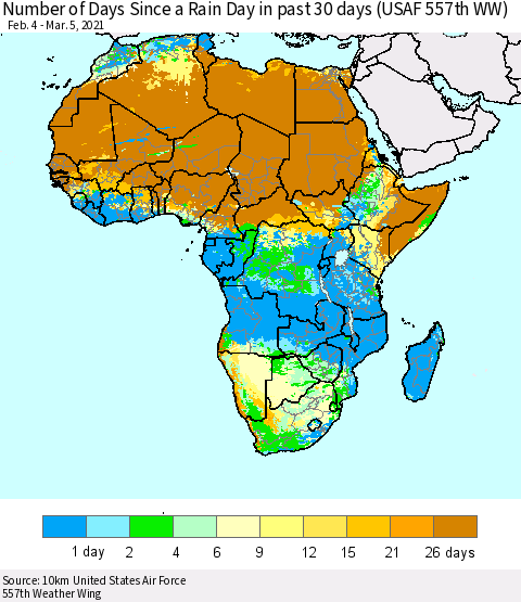 Africa Number of Days Since a Rain Day in past 30 days (USAF 557th WW) Thematic Map For 3/1/2021 - 3/5/2021