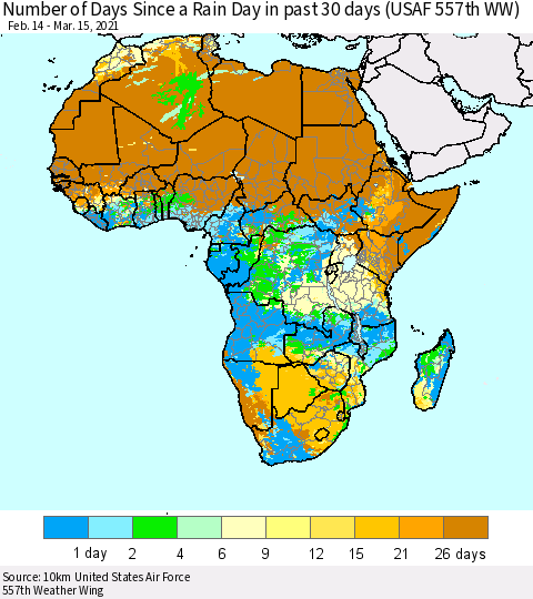 Africa Number of Days Since a Rain Day in past 30 days (USAF 557th WW) Thematic Map For 3/11/2021 - 3/15/2021