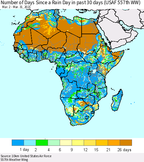 Africa Number of Days Since a Rain Day in past 30 days (USAF 557th WW) Thematic Map For 3/26/2021 - 3/31/2021