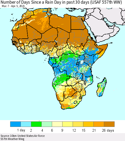 Africa Number of Days Since a Rain Day in past 30 days (USAF 557th WW) Thematic Map For 4/1/2021 - 4/5/2021