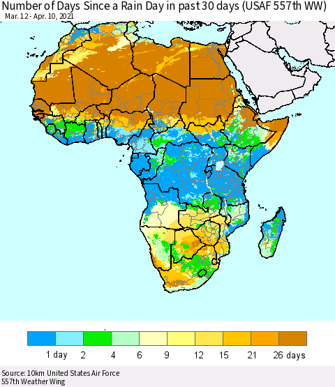 Africa Number of Days Since a Rain Day in past 30 days (USAF 557th WW) Thematic Map For 4/6/2021 - 4/10/2021