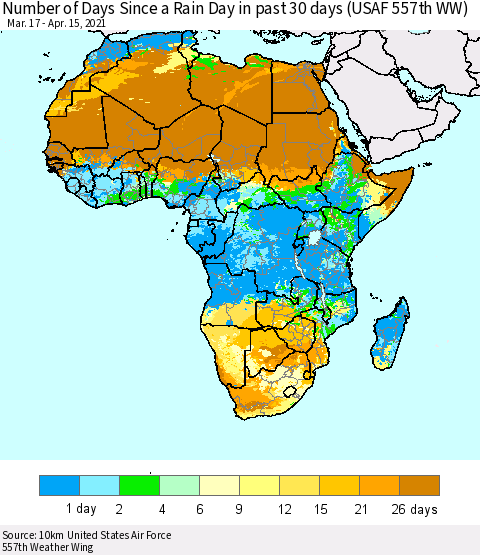Africa Number of Days Since a Rain Day in past 30 days (USAF 557th WW) Thematic Map For 4/11/2021 - 4/15/2021