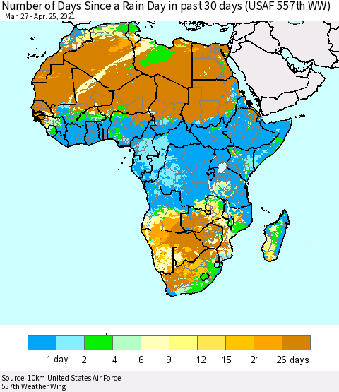 Africa Number of Days Since a Rain Day in past 30 days (USAF 557th WW) Thematic Map For 4/21/2021 - 4/25/2021
