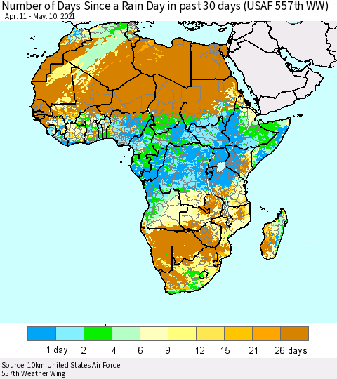 Africa Number of Days Since a Rain Day in past 30 days (USAF 557th WW) Thematic Map For 5/6/2021 - 5/10/2021