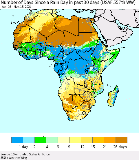Africa Number of Days Since a Rain Day in past 30 days (USAF 557th WW) Thematic Map For 5/11/2021 - 5/15/2021