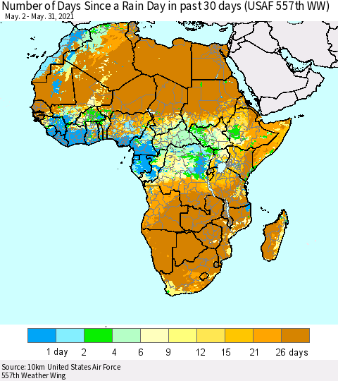 Africa Number of Days Since a Rain Day in past 30 days (USAF 557th WW) Thematic Map For 5/26/2021 - 5/31/2021