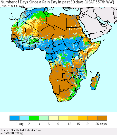 Africa Number of Days Since a Rain Day in past 30 days (USAF 557th WW) Thematic Map For 6/1/2021 - 6/5/2021