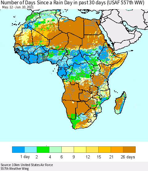 Africa Number of Days Since a Rain Day in past 30 days (USAF 557th WW) Thematic Map For 6/6/2021 - 6/10/2021
