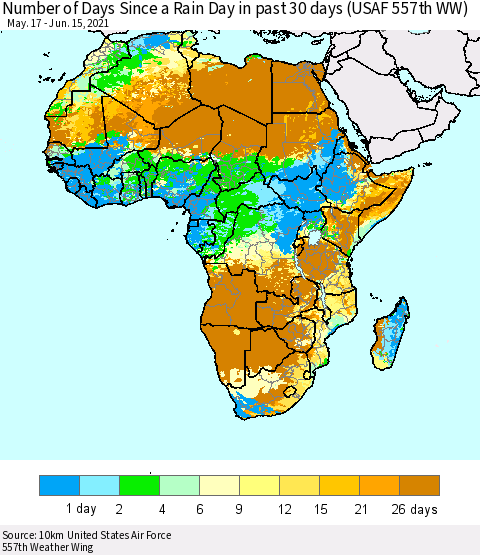 Africa Number of Days Since a Rain Day in past 30 days (USAF 557th WW) Thematic Map For 6/11/2021 - 6/15/2021