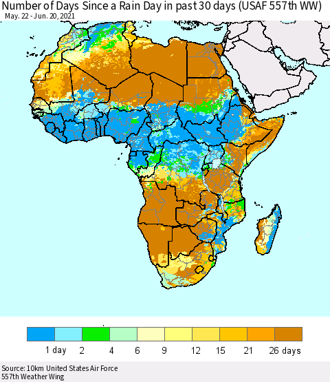 Africa Number of Days Since a Rain Day in past 30 days (USAF 557th WW) Thematic Map For 6/16/2021 - 6/20/2021