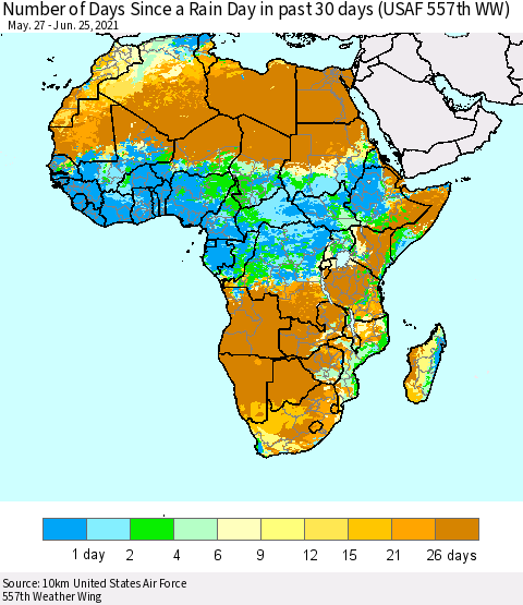 Africa Number of Days Since a Rain Day in past 30 days (USAF 557th WW) Thematic Map For 6/21/2021 - 6/25/2021
