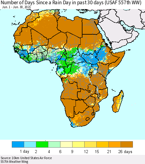 Africa Number of Days Since a Rain Day in past 30 days (USAF 557th WW) Thematic Map For 6/26/2021 - 6/30/2021