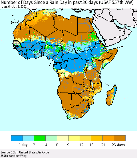 Africa Number of Days Since a Rain Day in past 30 days (USAF 557th WW) Thematic Map For 7/1/2021 - 7/5/2021