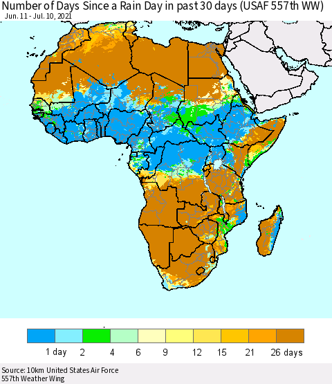 Africa Number of Days Since a Rain Day in past 30 days (USAF 557th WW) Thematic Map For 7/6/2021 - 7/10/2021