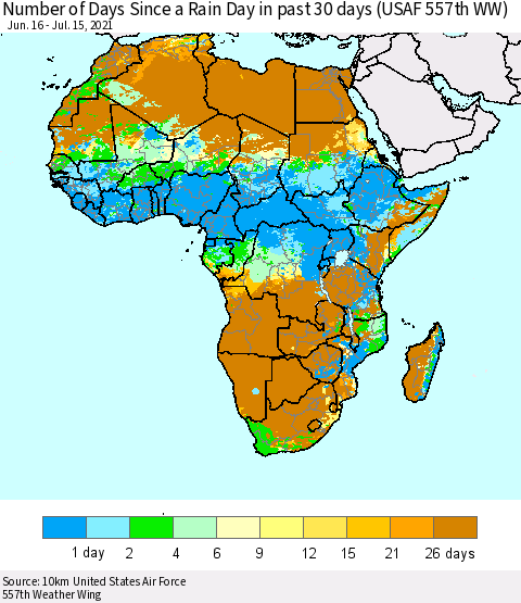 Africa Number of Days Since a Rain Day in past 30 days (USAF 557th WW) Thematic Map For 7/11/2021 - 7/15/2021