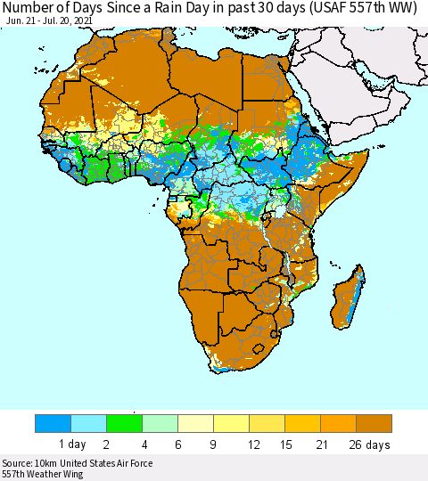Africa Number of Days Since a Rain Day in past 30 days (USAF 557th WW) Thematic Map For 7/16/2021 - 7/20/2021