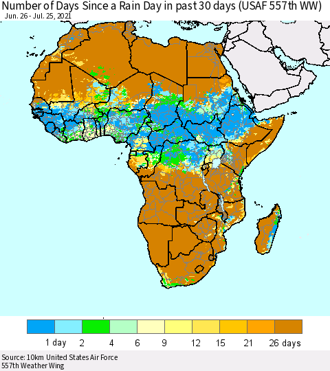 Africa Number of Days Since a Rain Day in past 30 days (USAF 557th WW) Thematic Map For 7/21/2021 - 7/25/2021