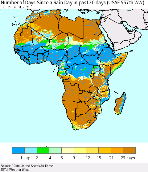 Africa Number of Days Since a Rain Day in past 30 days (USAF 557th WW) Thematic Map For 7/26/2021 - 7/31/2021