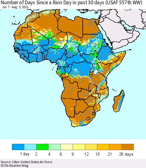 Africa Number of Days Since a Rain Day in past 30 days (USAF 557th WW) Thematic Map For 8/1/2021 - 8/5/2021