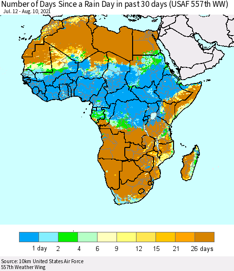 Africa Number of Days Since a Rain Day in past 30 days (USAF 557th WW) Thematic Map For 8/6/2021 - 8/10/2021