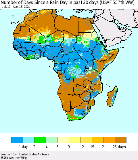 Africa Number of Days Since a Rain Day in past 30 days (USAF 557th WW) Thematic Map For 8/11/2021 - 8/15/2021