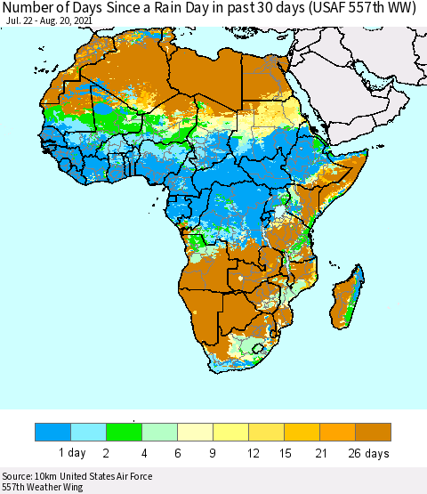 Africa Number of Days Since a Rain Day in past 30 days (USAF 557th WW) Thematic Map For 8/16/2021 - 8/20/2021