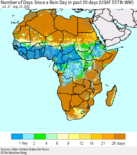 Africa Number of Days Since a Rain Day in past 30 days (USAF 557th WW) Thematic Map For 8/21/2021 - 8/25/2021