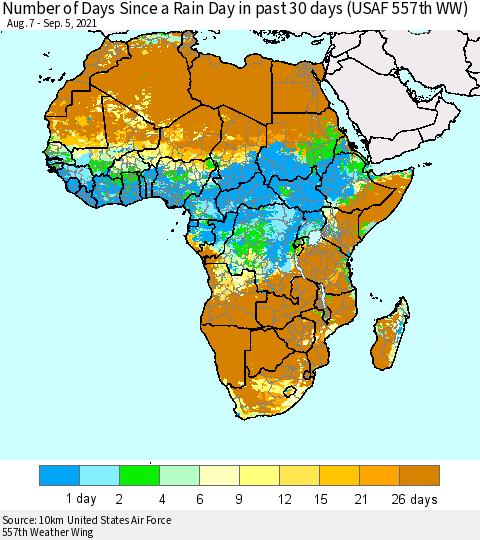 Africa Number of Days Since a Rain Day in past 30 days (USAF 557th WW) Thematic Map For 9/1/2021 - 9/5/2021