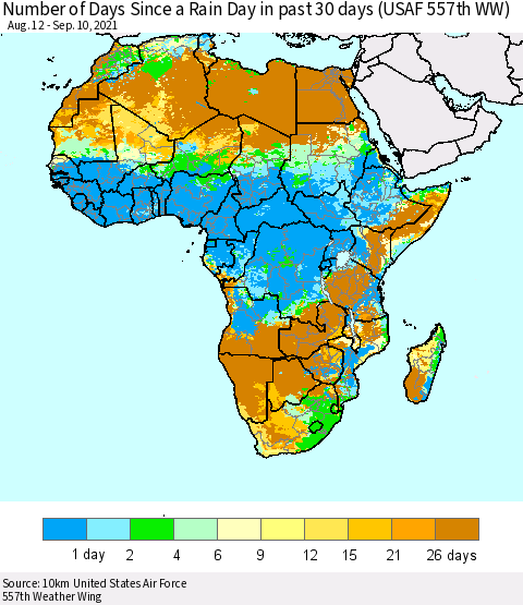Africa Number of Days Since a Rain Day in past 30 days (USAF 557th WW) Thematic Map For 9/6/2021 - 9/10/2021